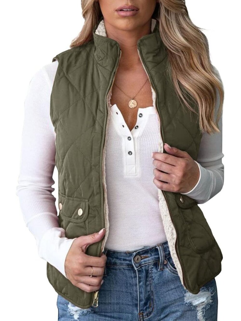 Reversible Quilted Sherpa Fleece Vest for Women - Lightweight Sports Coat
